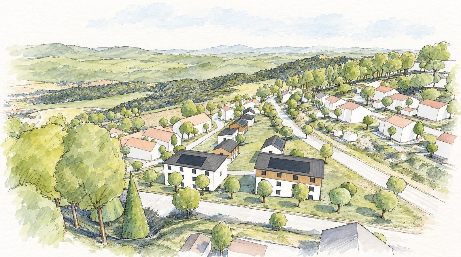 Visualisierung von Süden: vorne zwei Mehrfamilienhäuser, dahinter die Einzelhäuser entlang der Schwarzensteiner Straße
