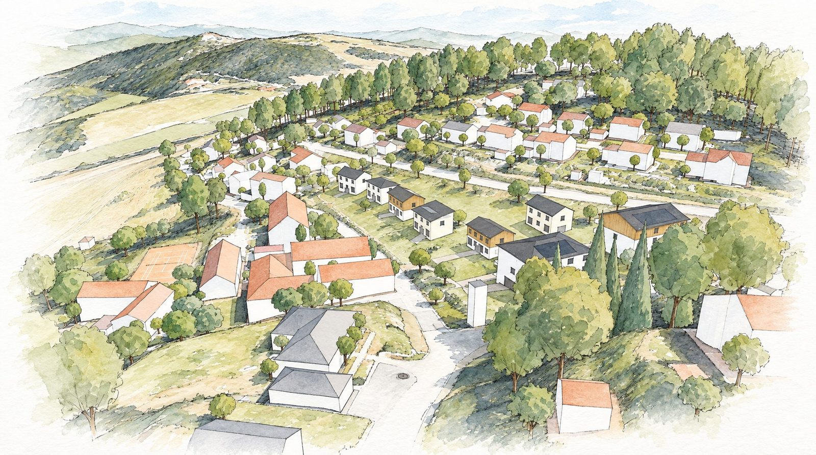 Visualisierung aus der Vogelperspektive: das Quartier Klostergarten am Hang mit den neuen Häusern, dem Tennisplatz und der bestehenden Nachbarschaft