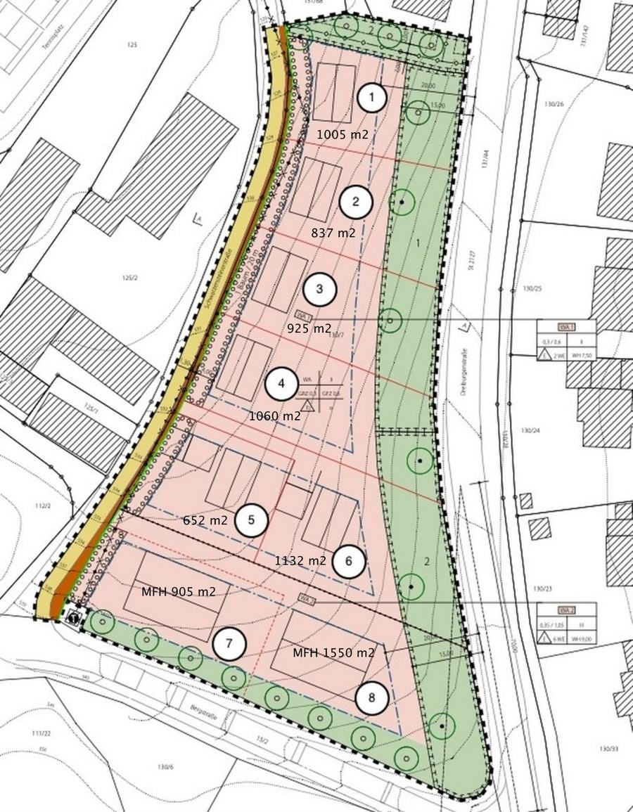 Parzellenplan des Quartiers Klostergarten mit acht nummerierten Bauplätzen